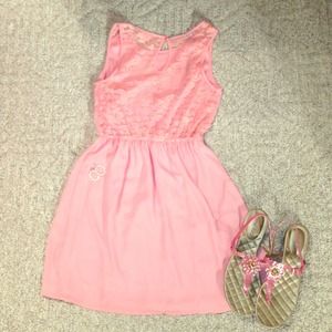 Peach dress with lace back.