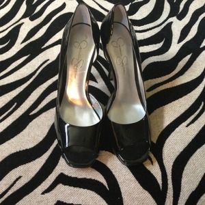 Black patent leather peep toe Jessica Simpsons