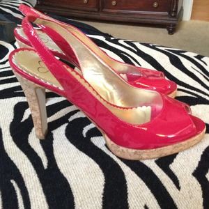 Red peep toe cork heels