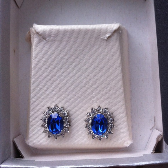 Blue gemstone diamond accent silver earrings - Picture 2 of 2