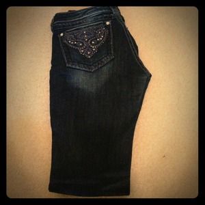 Miss Me jeans. Dark wash that fades above knee