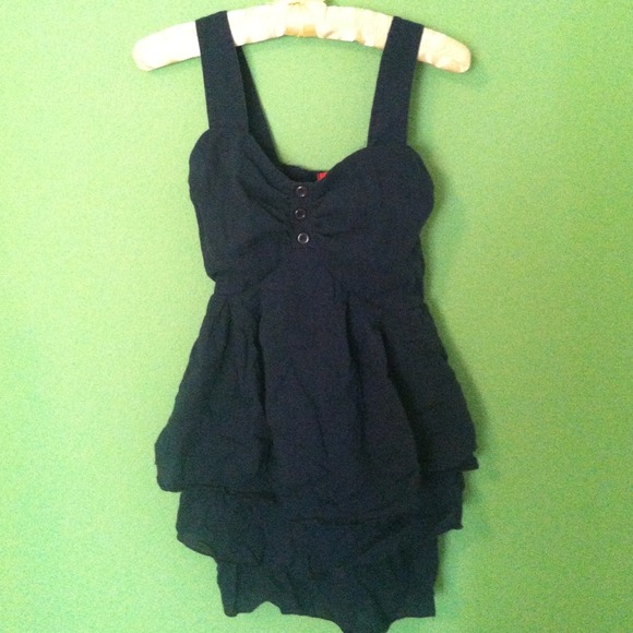 Navy blue ruffled blouse sweetheart neckline