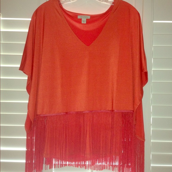 *REDUCED*Coral Boston Proper fringe poncho top - Picture 1 of 4