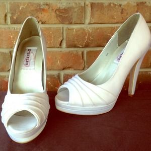 White satin peep toe heels