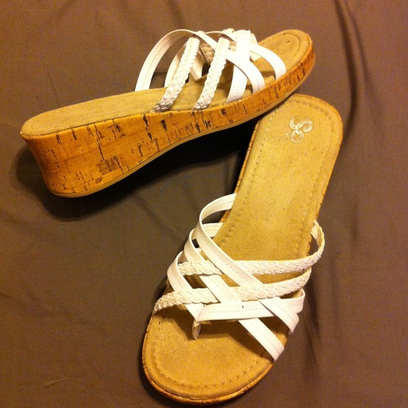 White and tan cork sandals