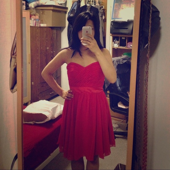 Mori Lee red strapless chiffon dress