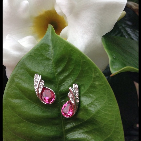 Jewelry - 💗18K White GP Deep Pink Crystal Stud Earrings💗
