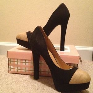 Black and nude color blocked heels