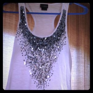 SOLD--Silver sequins in a v on white tank