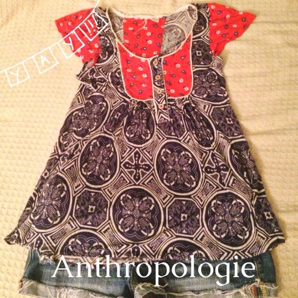 Anthropologie Floral Red/Orange & Blue Blouse