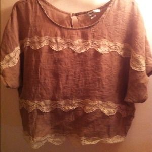 flowy tan and lace trim shirt