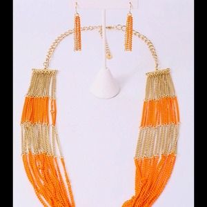 Neon Orange/Gold Multi Layered Necklace Set
