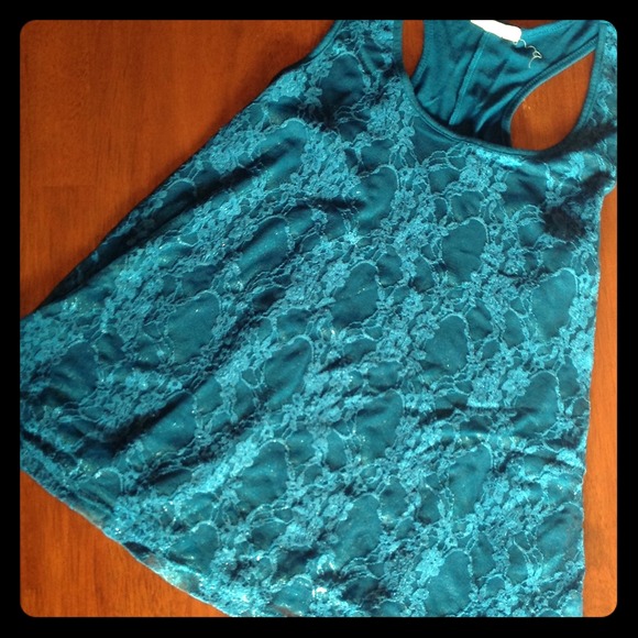 Teal lace-front tank top