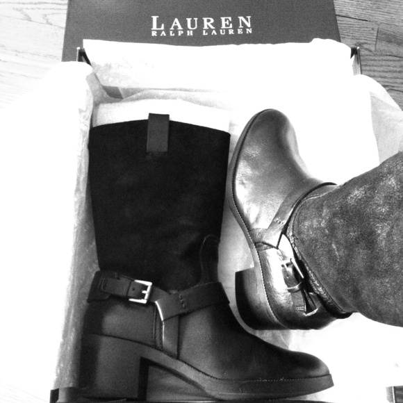 Ralph Lauren Cacey Black Leather/Oiled Suede Boots