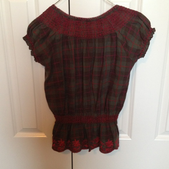 Plaid Papaya Blouse with Floral Stitching - Picture 4 of 4