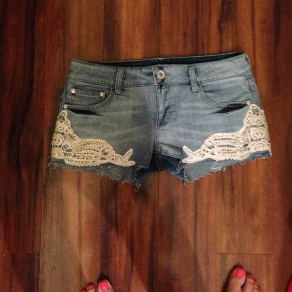 Crochet denim shorts