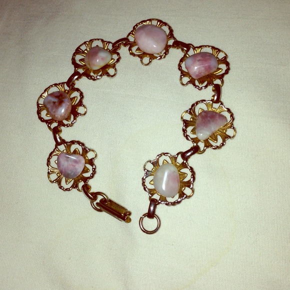 Genuine Rose Color Stone Gold Accented Antique Lily Pad Bracelet