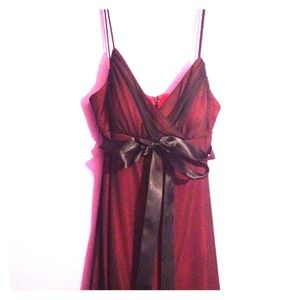 Red Dress with Black Overlay and Satin Ribbon