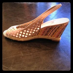 Tan wedges w/ colorful woven heel. 7.5. Worn once!