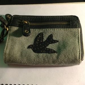 Leather and denim bird wallet
