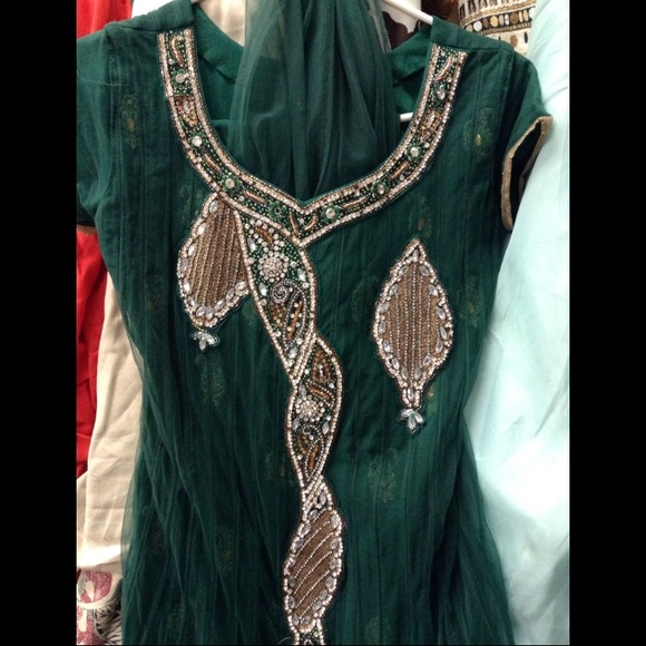 Dark Green and Golden South Asian Dress - Picture 2 of 3