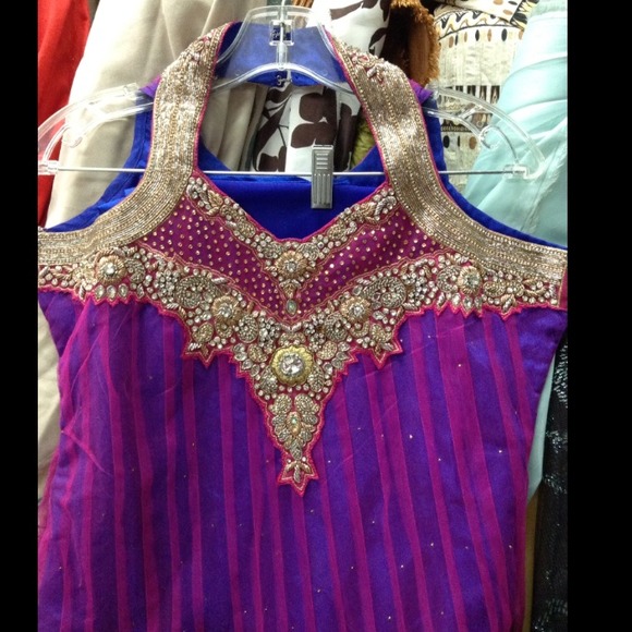 Hot pink and Dark Blue South Asian Dress - Picture 2 of 3