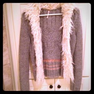 Free People cable knit Cardi with "fur" neckline.