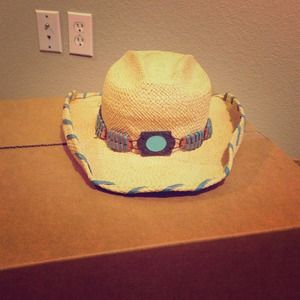 Tan and blue cowgirl hat