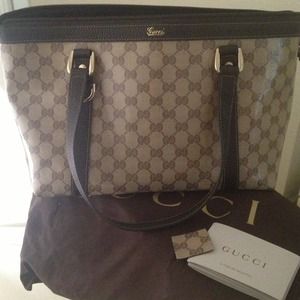 authentic gucci tote leather trim glossy canvas