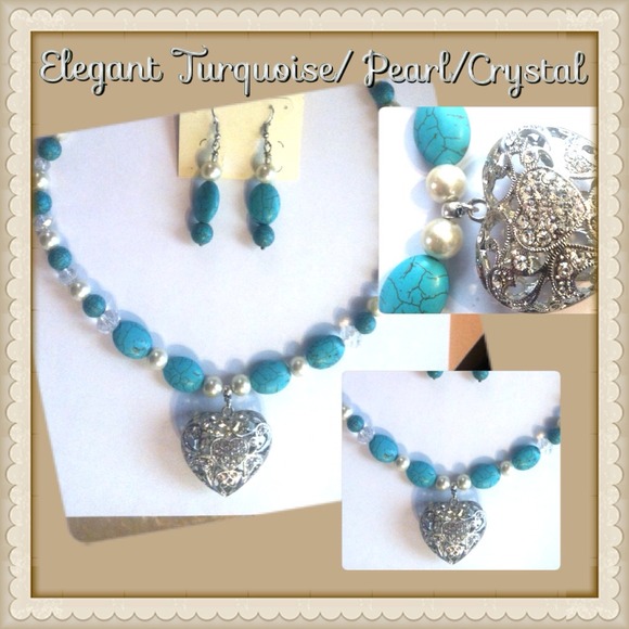 Elegant Turquoise/Pearl/Crystal Necklace