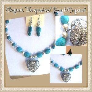 Elegant Turquoise/Pearl/Crystal Necklace