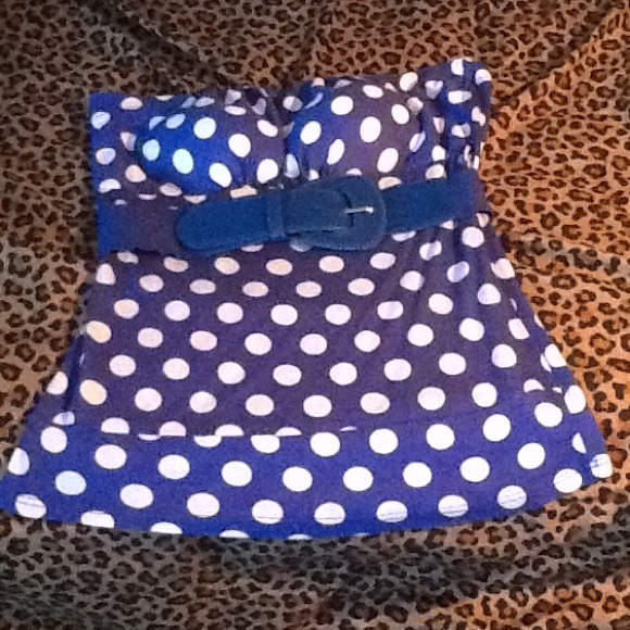 Blue and White Polka Dot Strapless Top with Belt!