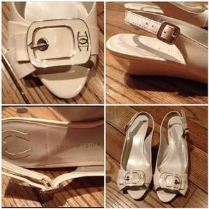 Ivory peep-toe heels with buckle detail