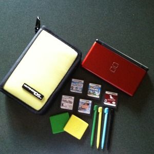 Crimson Nintendo DS lite with 5 games and case