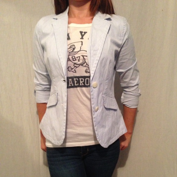 Pale blue and white striped blazer. Never wore.