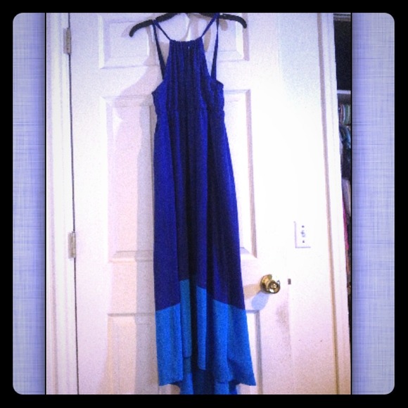 Blue color block high-low dress