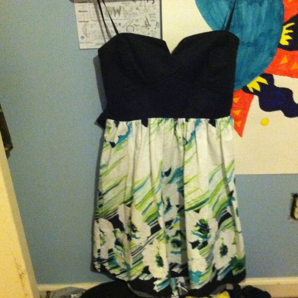 Blue green black and white floral dress