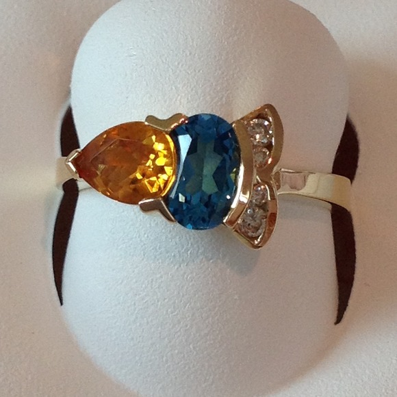 14Kt Swiss Blue and Citrine with Diamond Ring