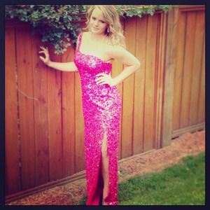 Scala couture gown. Fusha, and fully sequined