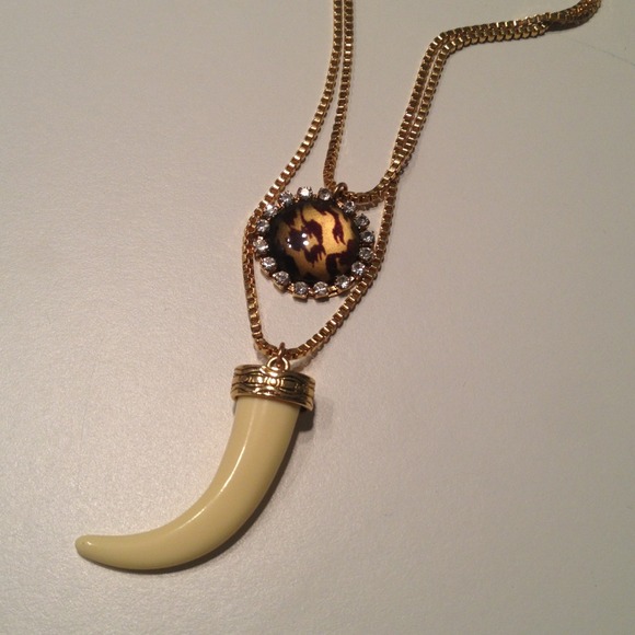 Gold chain leopard charm and tusk necklace