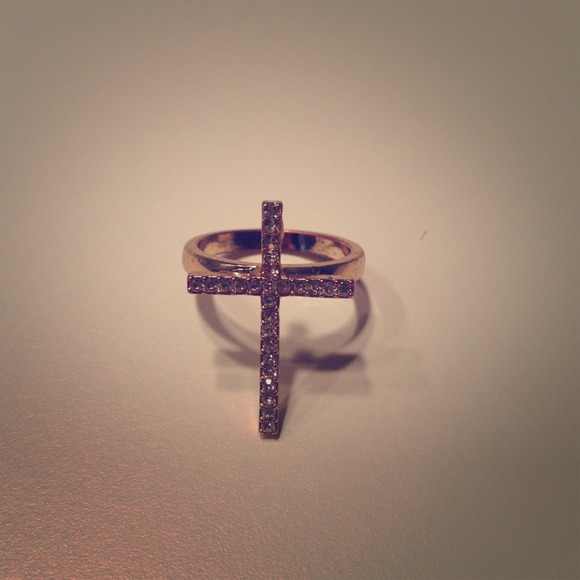 Gold and silver rhinestone cross ring