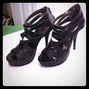 Glittered Black Strappy Stilettos