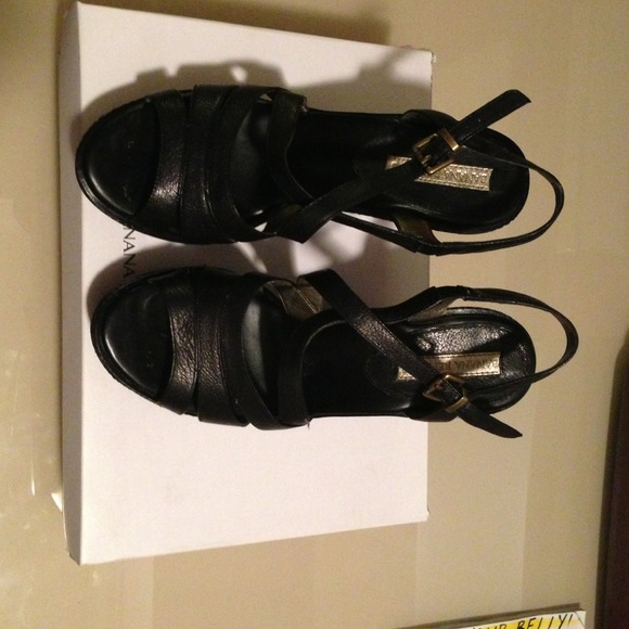 Black leather wedges