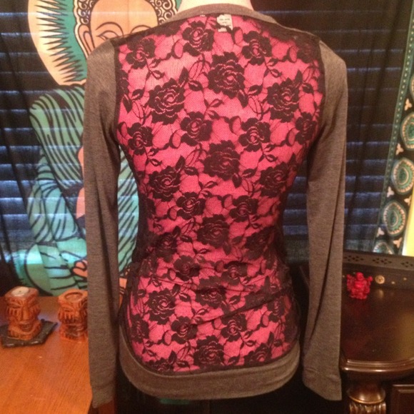 Dark grey cardigan with rose print lace back - Picture 2 of 4
