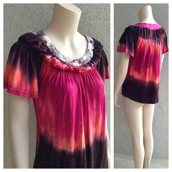 Casting Tops - Tied Dyed Shirt With Beaded Collard
