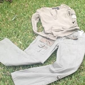 Army green pants with DKNY long sleeve shirt