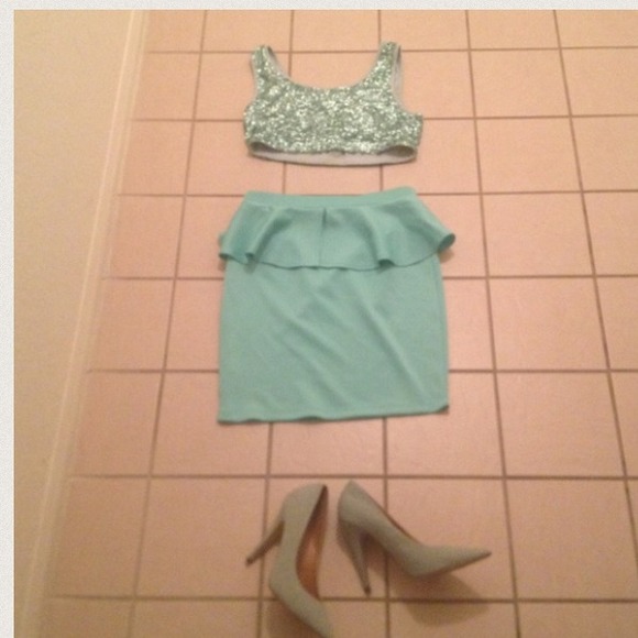 Sequin top and peplum skirt set