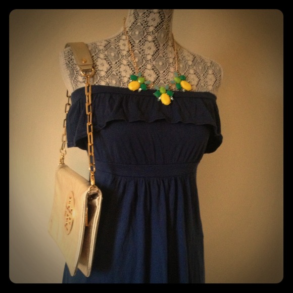 Navy Cotton Ruffle Strapless Midi Dress