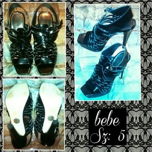 bebe Black Gladiator Platform Heels