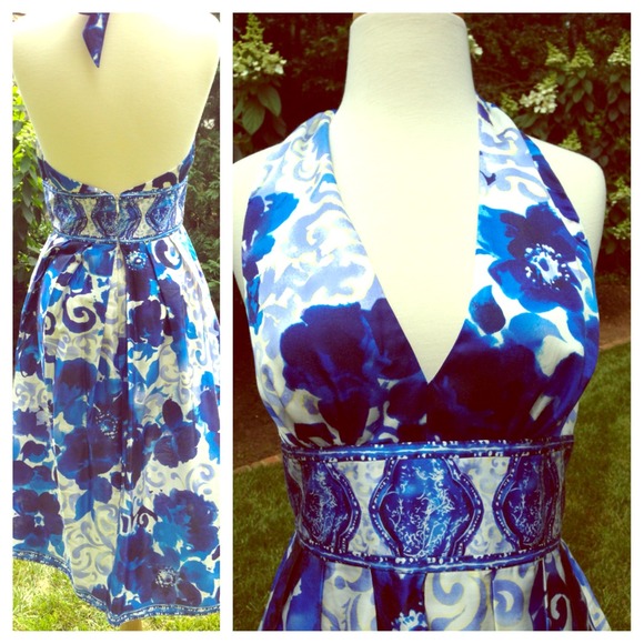 Silk halter dress in bold blues